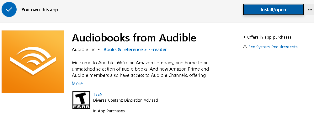 Audible app for Windows 10