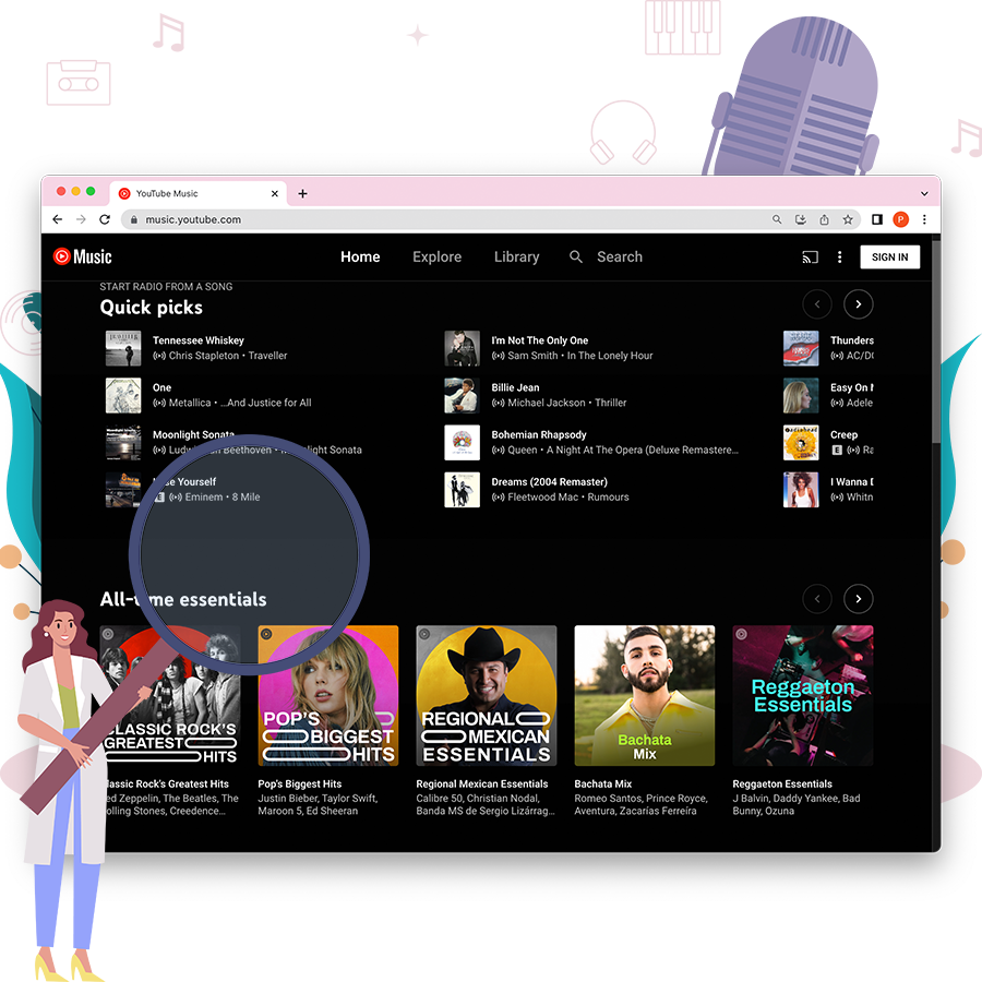 Leitor Web do YouTube Music incorporado